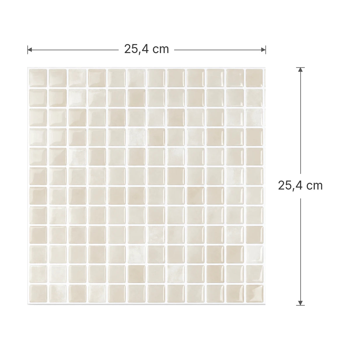 Dimensions d'une plaque de carrelage mural adhésif mosaïque ivoire : 25,4 x 25,4 cm, 144 petits carreaux en relief