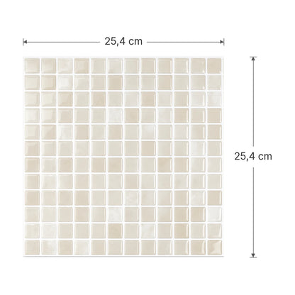 Dimensions d'une plaque de carrelage mural adhésif mosaïque ivoire : 25,4 x 25,4 cm, 144 petits carreaux en relief