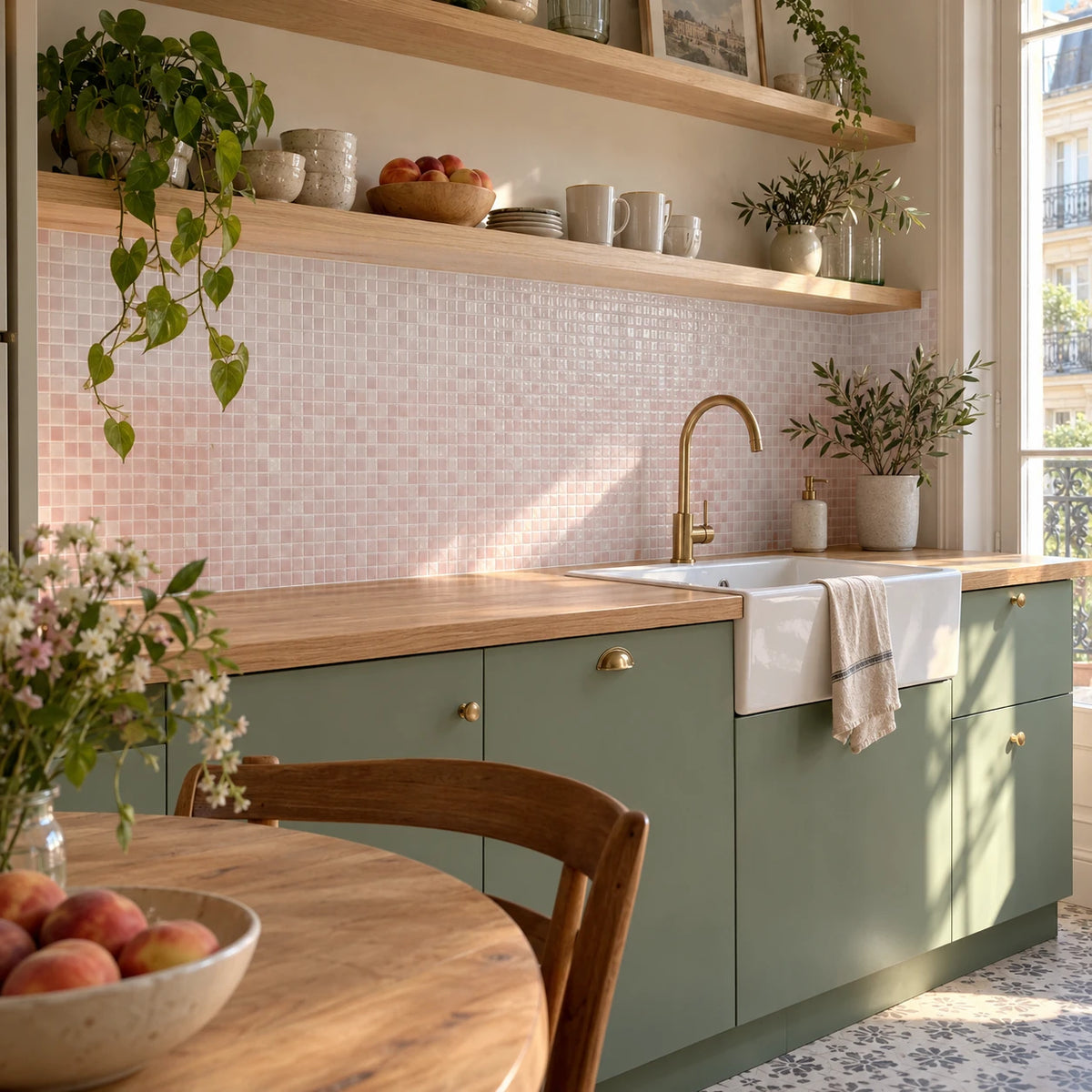 Cuisine aux façades vert sauge avec crédence en carrelage adhésif mosaïque rose poudré et table ronde en bois au premier plan