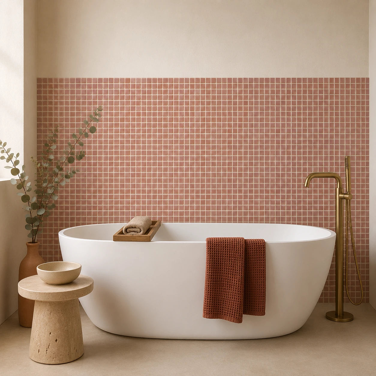 Salle de bain en carrelage mural adhésif terracotta Prisma derrière une baignoire îlot blanche