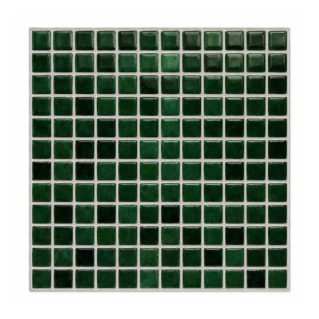 Carrelage mural adhésif 3D effet mosaïque vert bouteille Sylva, plaque 27 cm vue de face sur fond blanc