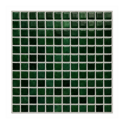 Carrelage mural adhésif 3D effet mosaïque vert bouteille Sylva, plaque 27 cm vue de face sur fond blanc