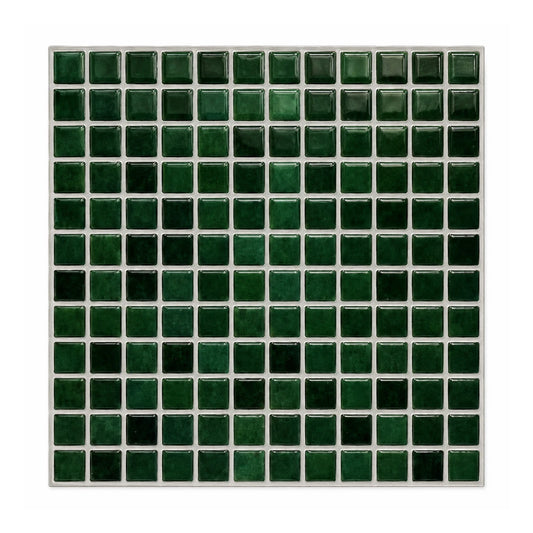 Carrelage mural adhésif 3D effet mosaïque vert bouteille Sylva, plaque 27 cm vue de face sur fond blanc