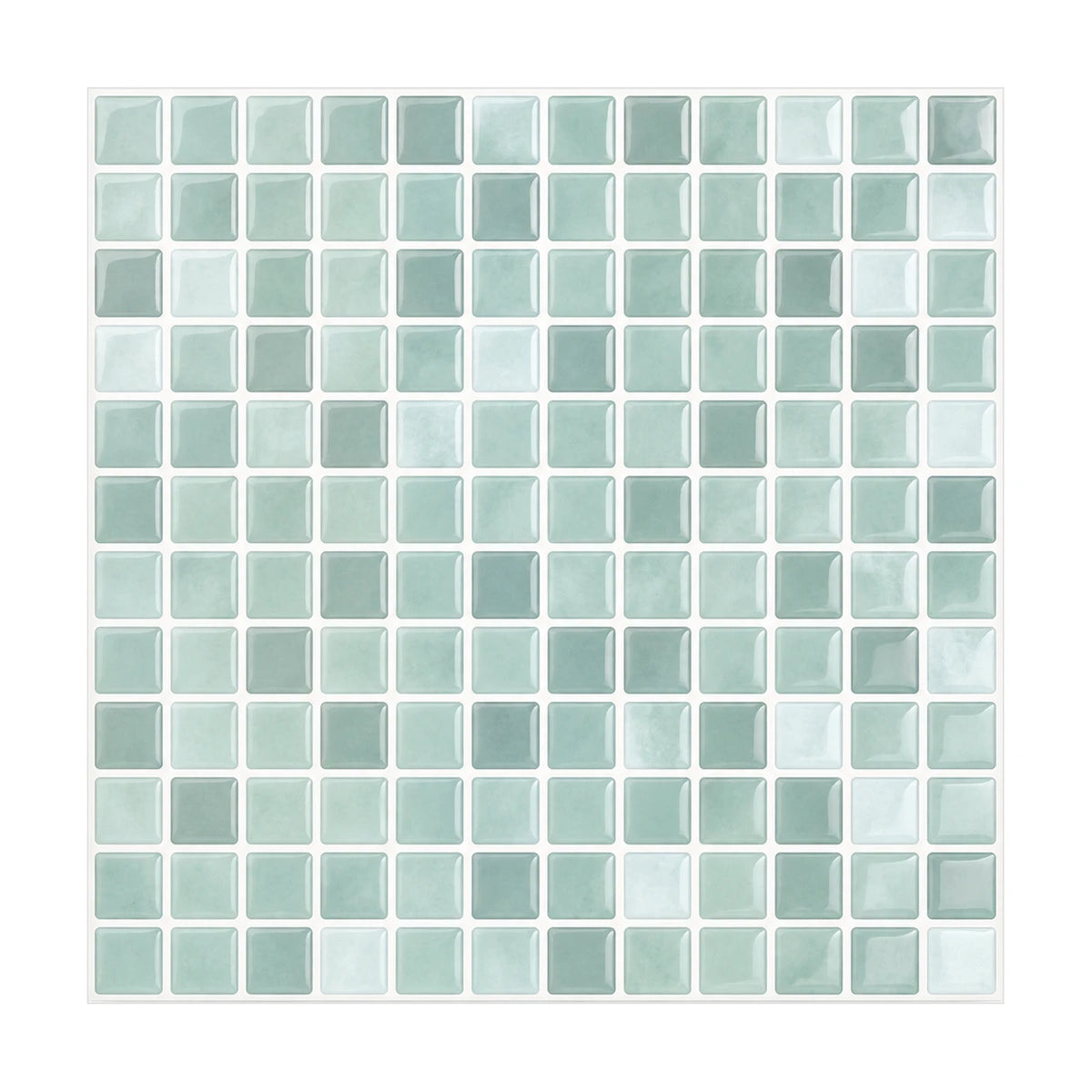 Carrelage mural adhésif 3D effet mosaïque vert d'eau, plaque 25,4 cm vue de face sur fond blanc