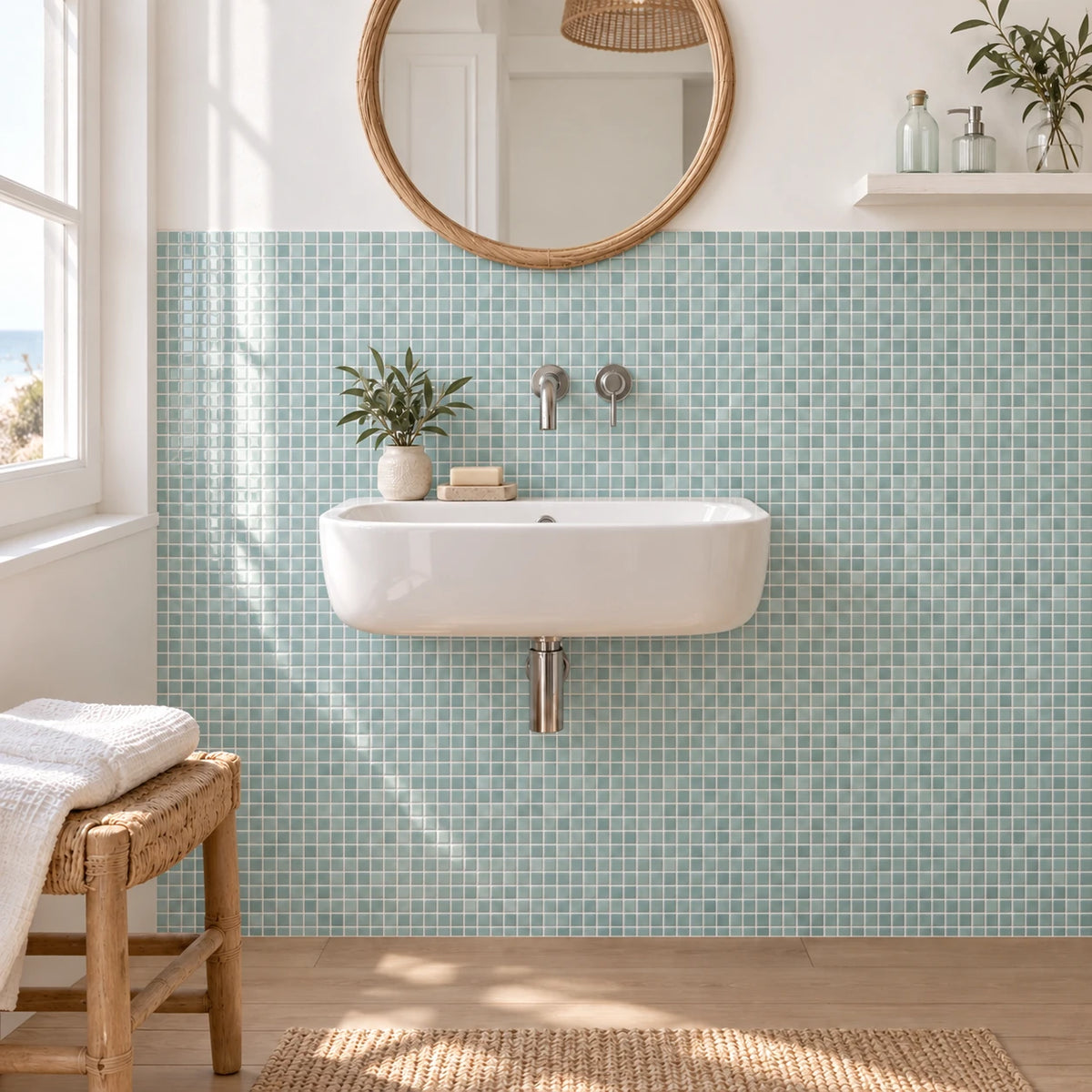 Salle de bain avec carrelage mural adhésif mosaïque vert d'eau, vasque suspendue blanche et miroir rond en rotin