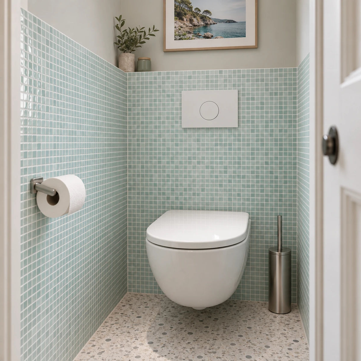 Toilettes avec WC suspendu et carrelage adhésif mosaïque vert d'eau sur deux murs, sol en terrazzo
