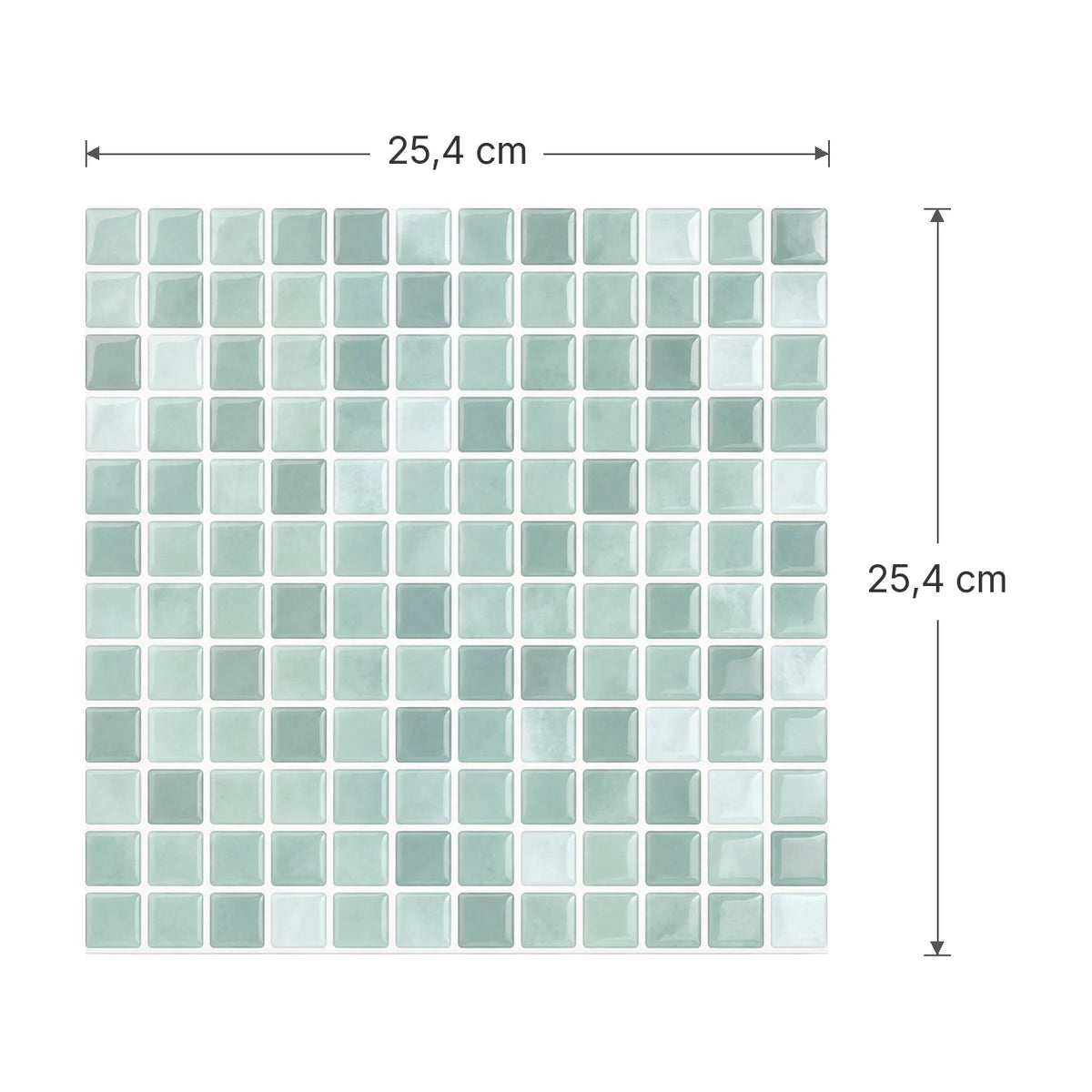 Dimensions d'une plaque de carrelage mural adhésif mosaïque vert d'eau : 25,4 x 25,4 cm, 144 petits carreaux en relief