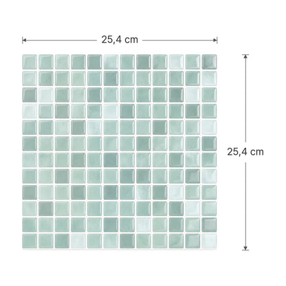 Dimensions d'une plaque de carrelage mural adhésif mosaïque vert d'eau : 25,4 x 25,4 cm, 144 petits carreaux en relief