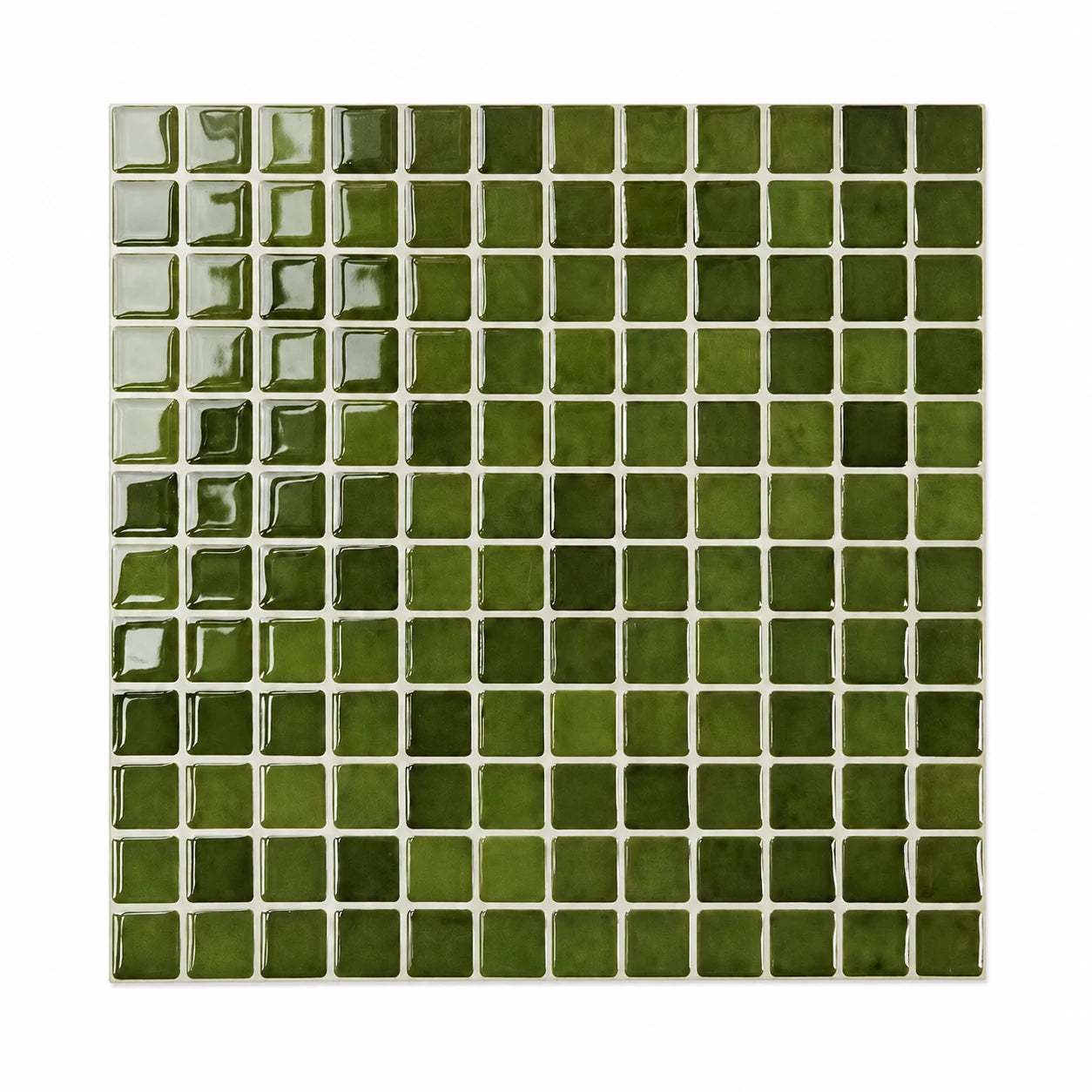 Carrelage mural adhésif 3D effet mosaïque vert olive Olivea, plaque 27 cm vue de face sur fond blanc