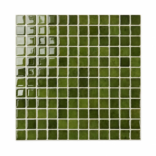 Carrelage mural adhésif 3D effet mosaïque vert olive Olivea, plaque 27 cm vue de face sur fond blanc