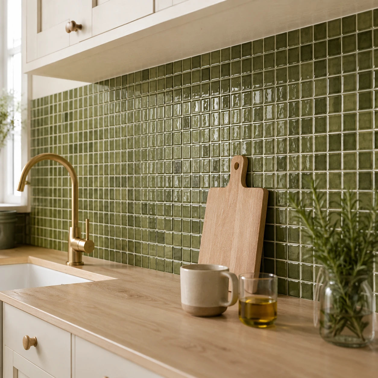 Crédence de cuisine en carrelage adhésif mosaïque vert olive Olivea avec robinetterie dorée et plan de travail en bois