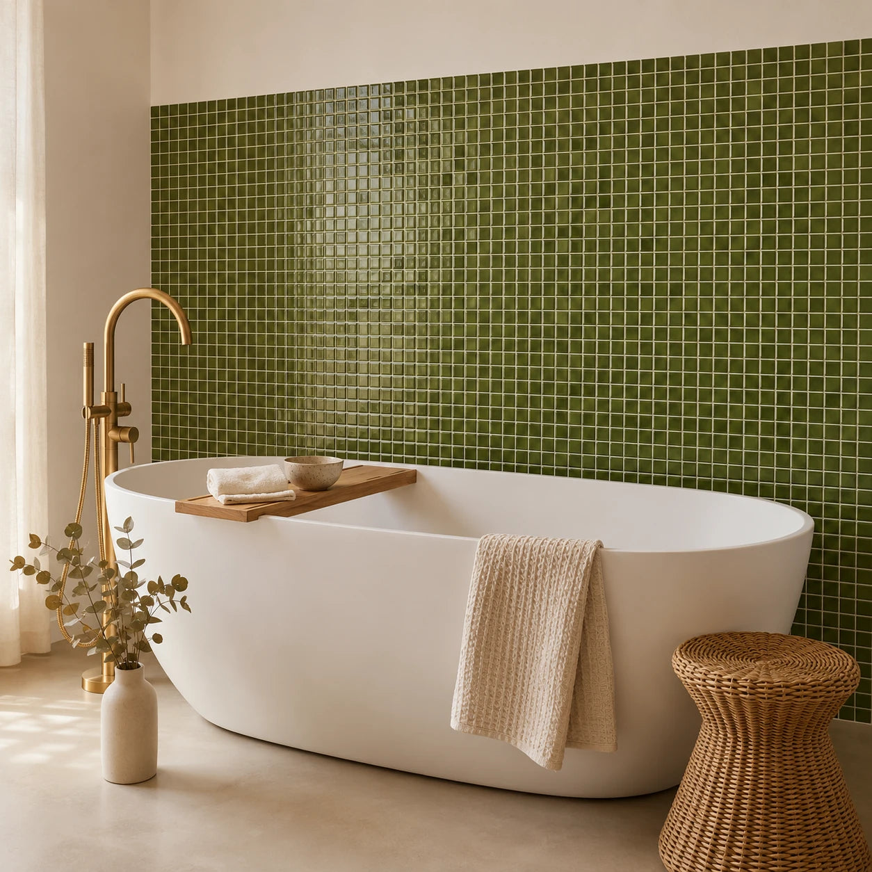 Salle de bain en carrelage mural adhésif vert olive Olivea derrière une baignoire îlot blanche