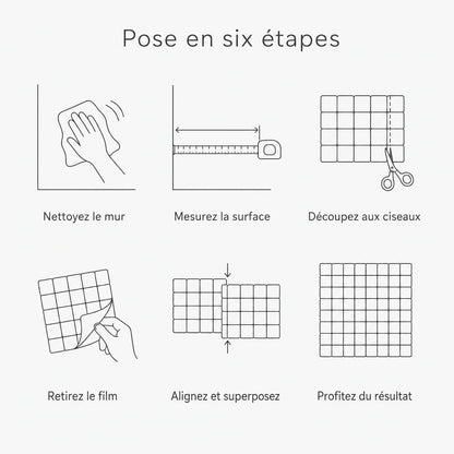 Pose en six étapes du carrelage mural adhésif Olivea : nettoyer, mesurer, découper, retirer le film, aligner, superposer