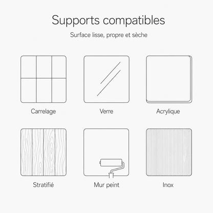 Supports compatibles avec le carrelage adhésif Olivea : carrelage, verre, acrylique, stratifié, mur peint et inox