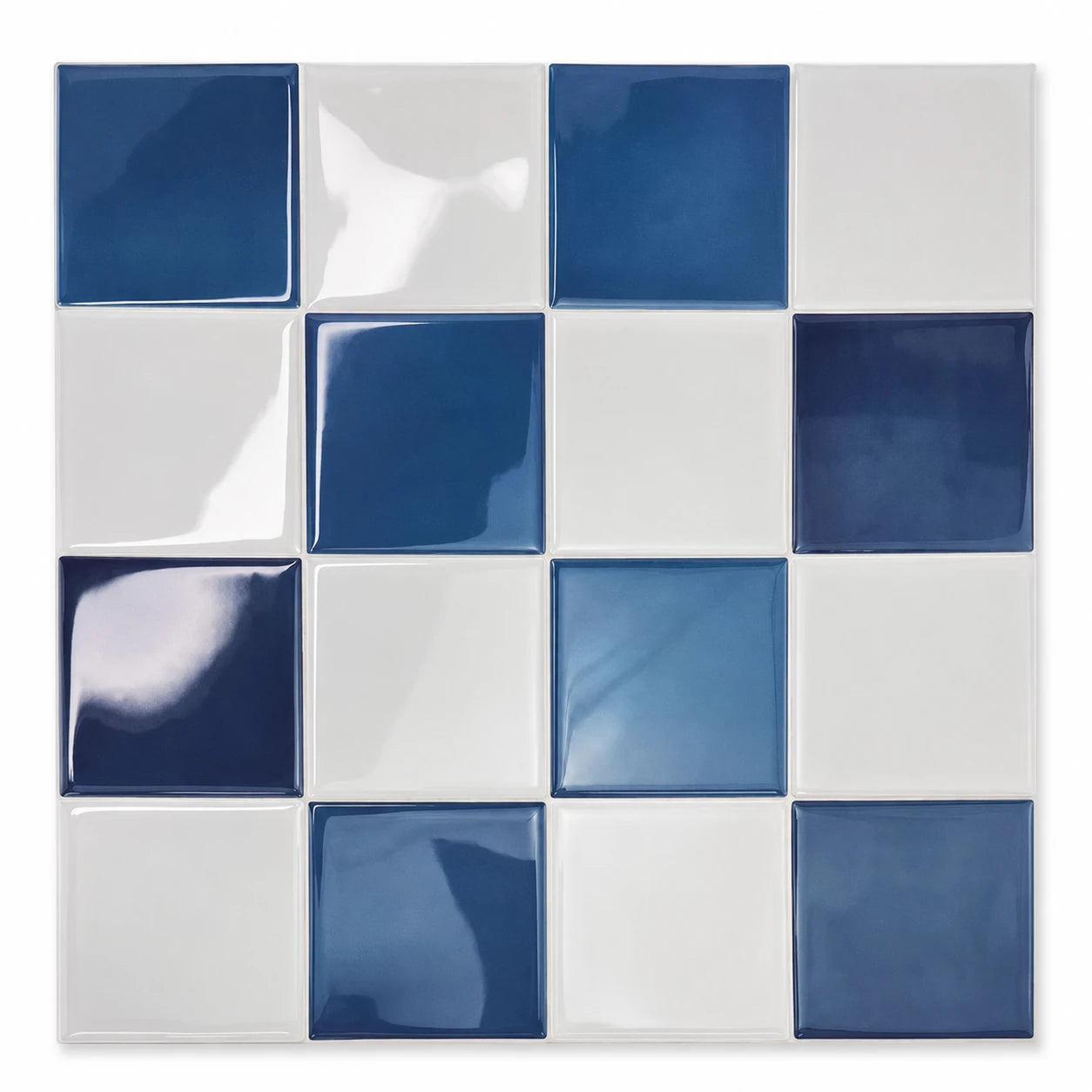 Carrelage mural adhésif 3D effet mosaïque bleu saphir Cobalta, plaque 26,7 cm vue de face sur fond blanc