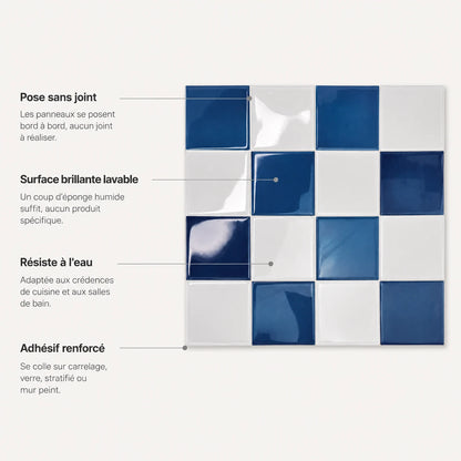 Caractéristiques du carrelage adhésif bleu saphir Cobalta : pose sans joint, lavable, résistant à l'eau