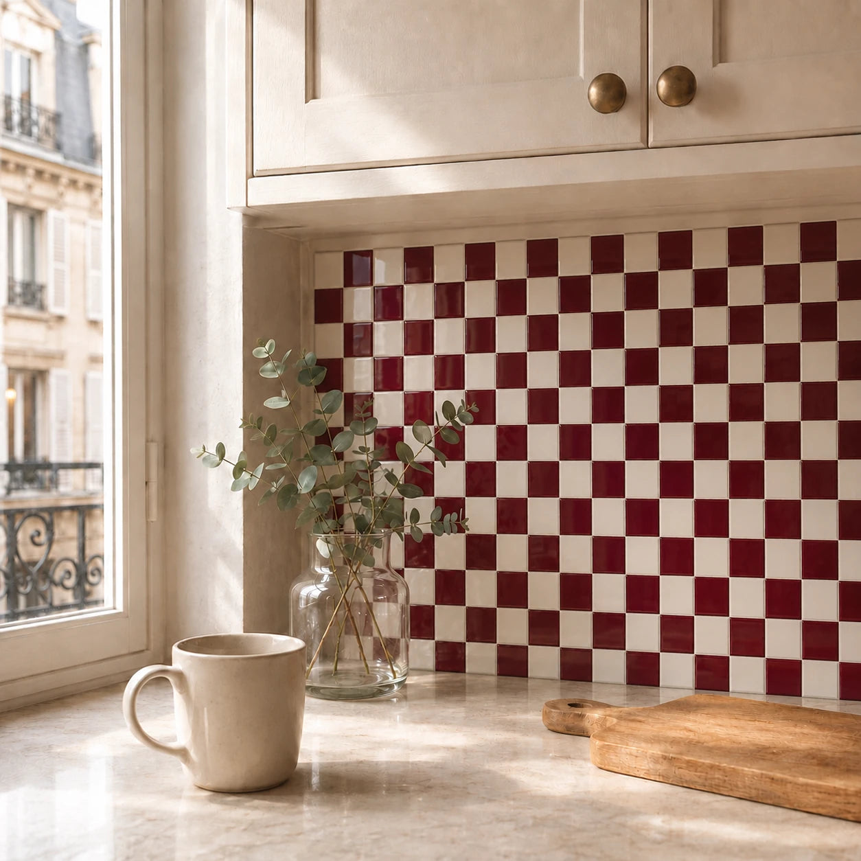 Crédence de cuisine parisienne en carrelage adhésif bordeaux Vermilio sur plan de travail en marbre