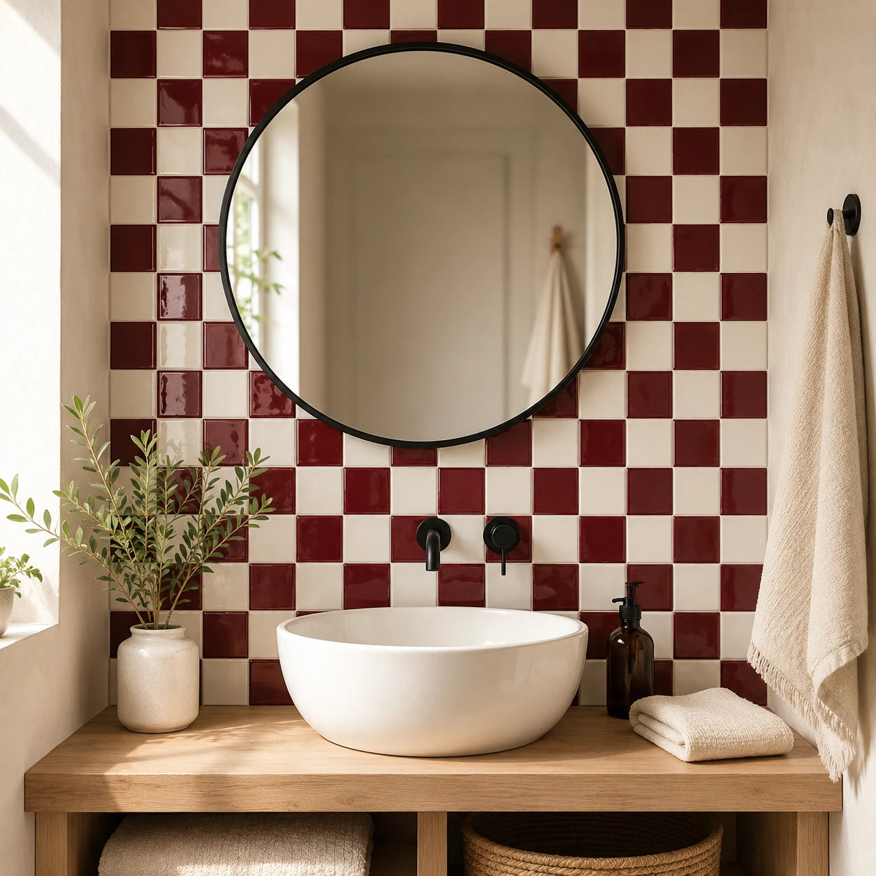 Salle de bain en carrelage mural adhésif bordeaux Vermilio avec vasque blanche et miroir rond noir