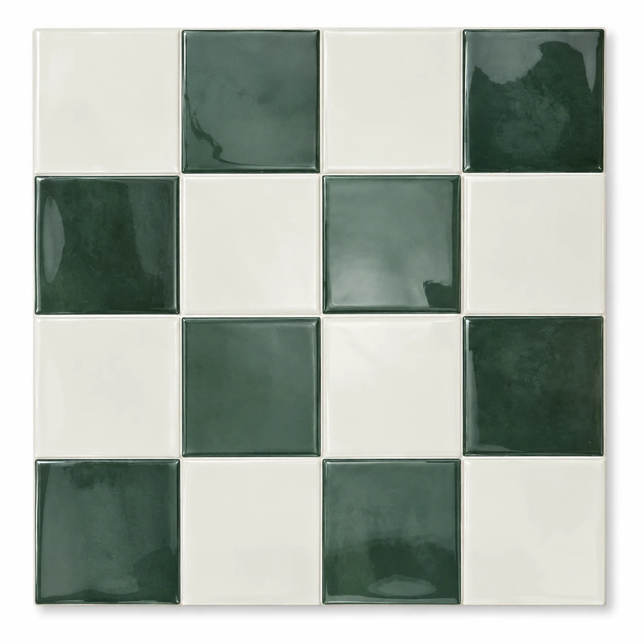 Carrelage mural adhésif 3D effet mosaïque vert sapin Salvia, plaque 26,7 cm vue de face sur fond blanc