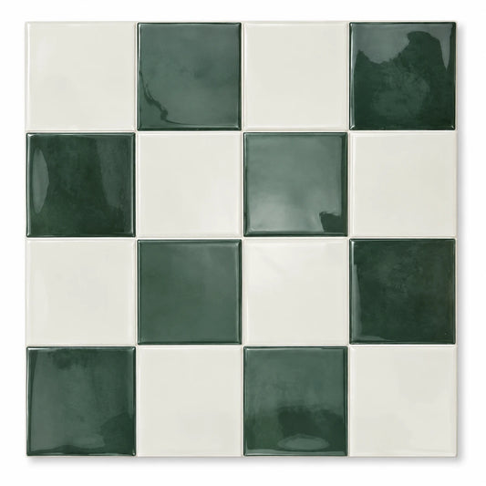 Carrelage mural adhésif 3D effet mosaïque vert sapin Salvia, plaque 26,7 cm vue de face sur fond blanc