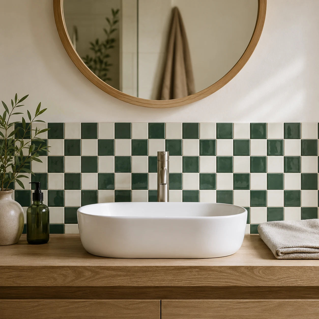 Salle de bain en carrelage mural adhésif vert sapin Salvia avec vasque blanche et miroir rond en bois