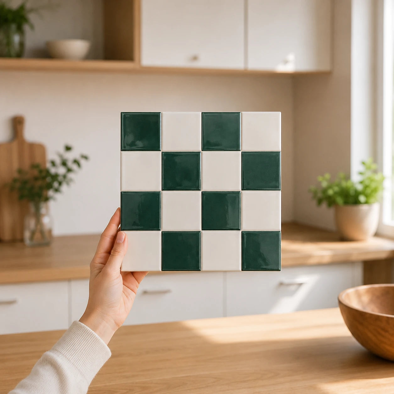 Main tenant une plaque de carrelage adhésif 3D vert sapin Salvia de 26,7 cm dans une cuisine claire