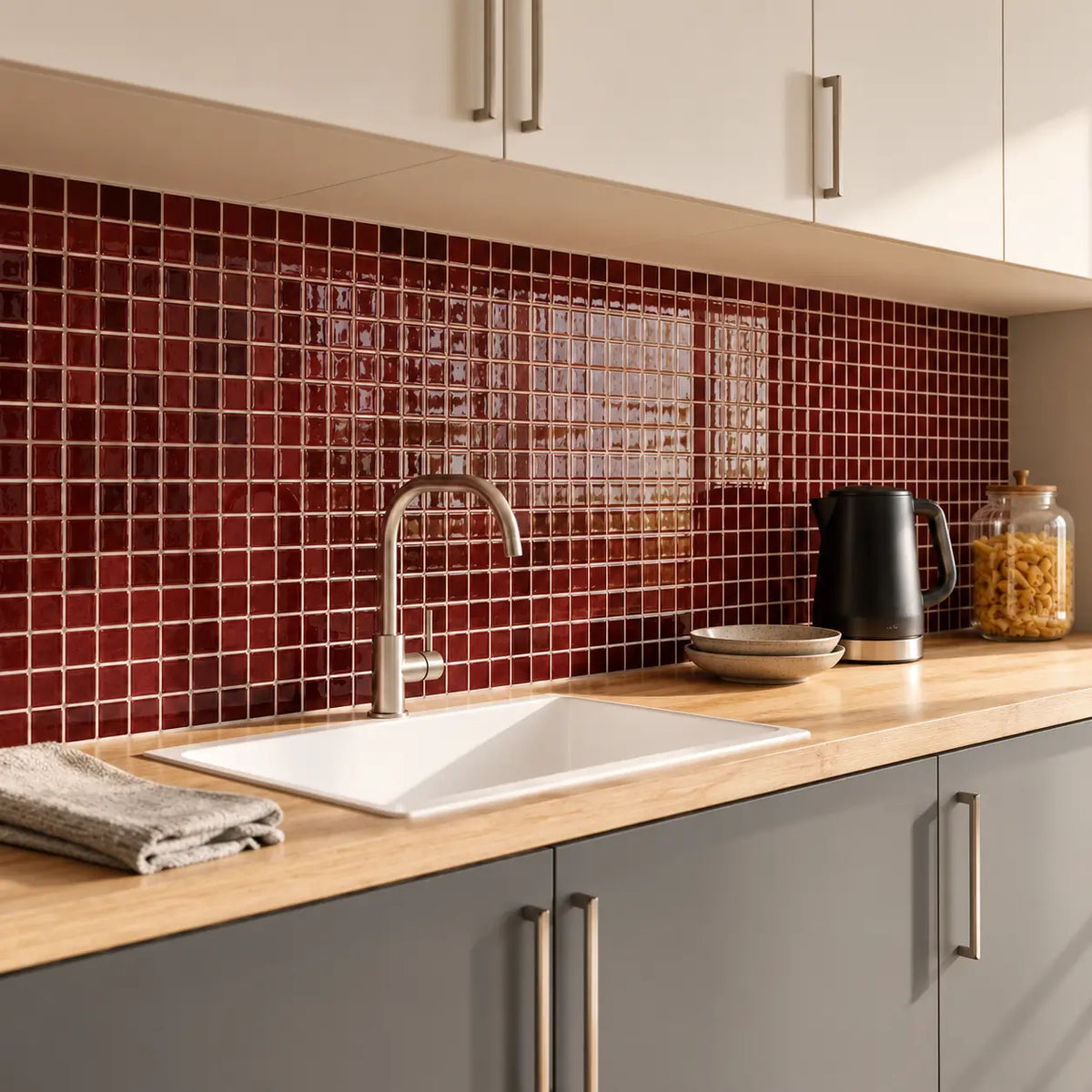 Crédence de cuisine en carrelage adhésif mosaïque bordeaux brillant, plan de travail bois, évier blanc et meubles gris