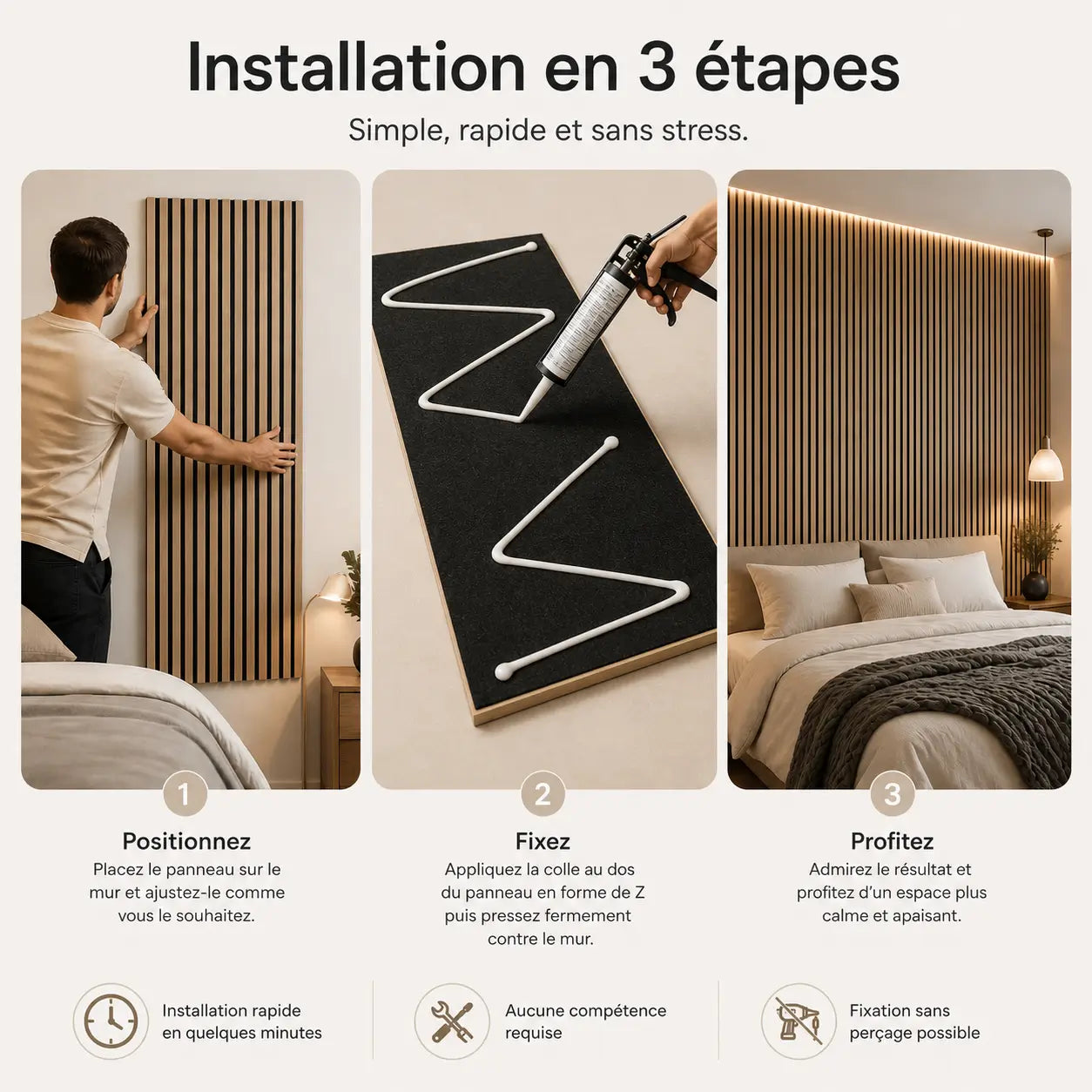 Infographie montrant l’installation de panneaux acoustiques muraux en trois étapes : positionnement, application de colle au dos et fixation sur le mur.