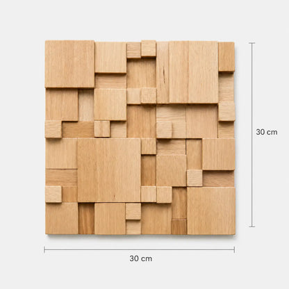 Panneau acoustique mural Kubo 30 x 30 cm en bois clair composé de blocs géométriques de différentes tailles et épaisseurs sur fond blanc