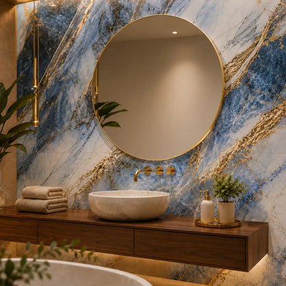 Panneau mural Azurys marbre bleu et blanc veiné d'or 30x30 cm dans une salle de bain avec miroir doré