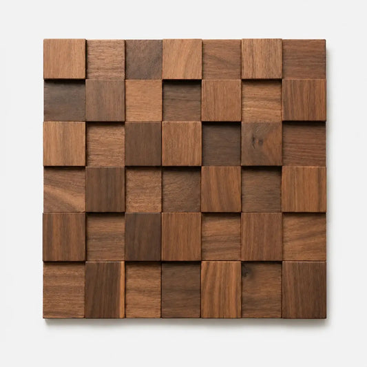 Panneau mural Karo en mosaïque de cubes de bois naturel aux différentes teintes et profondeurs, présenté sur fond gris clair.