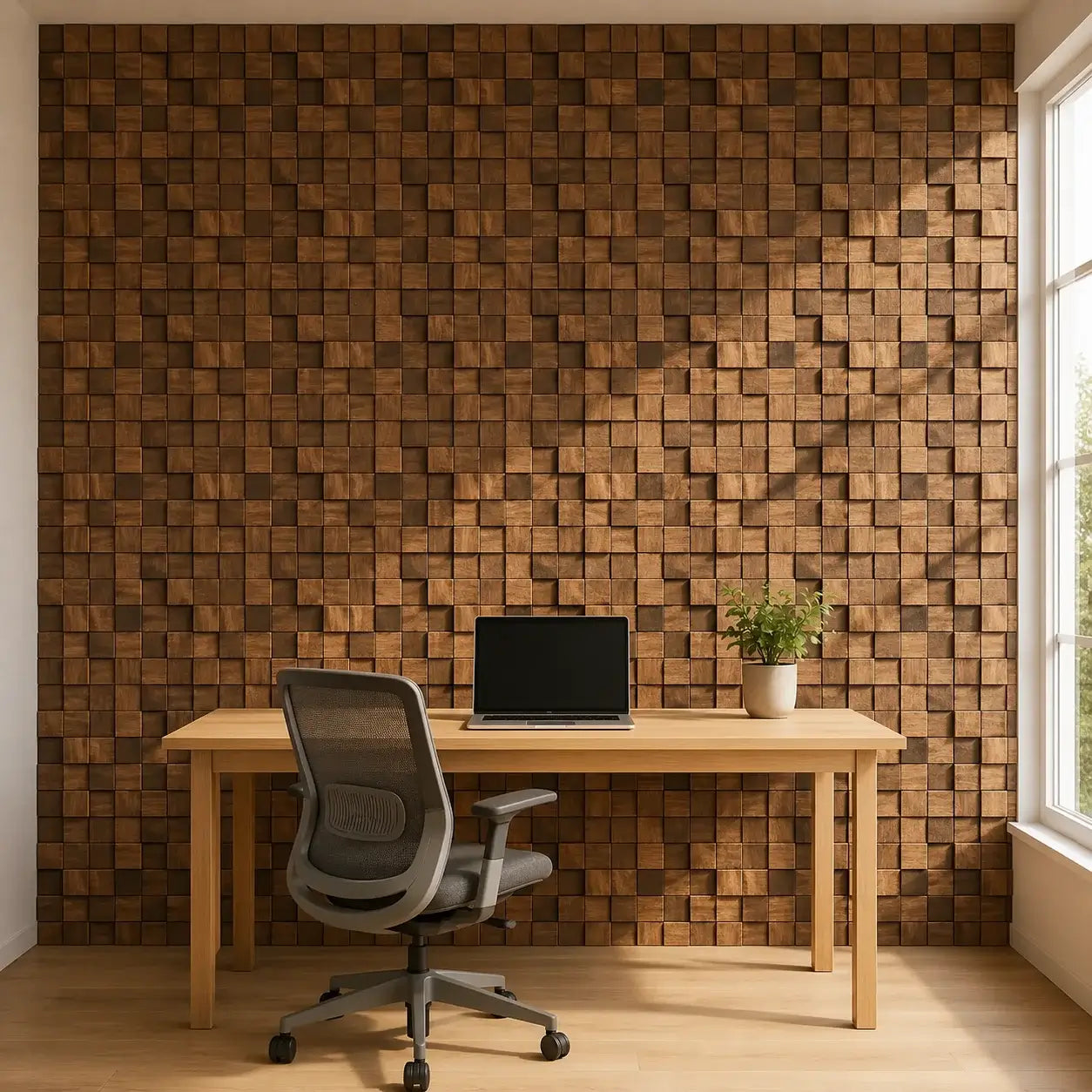 Mur de bureau recouvert de panneaux muraux Karo en mosaïque de cubes de bois 3D, avec bureau en chêne clair, ordinateur portable et chaise de bureau.