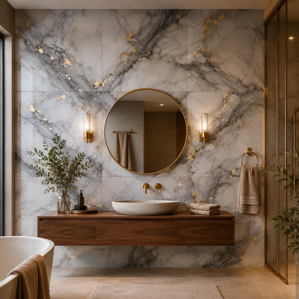Panneau mural Brumelia marbre gris perle veiné d'or fin 30x30 cm dans une salle de bain contemporaine