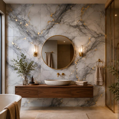 Panneau mural Brumelia marbre gris perle veiné d'or fin 30x30 cm dans une salle de bain contemporaine