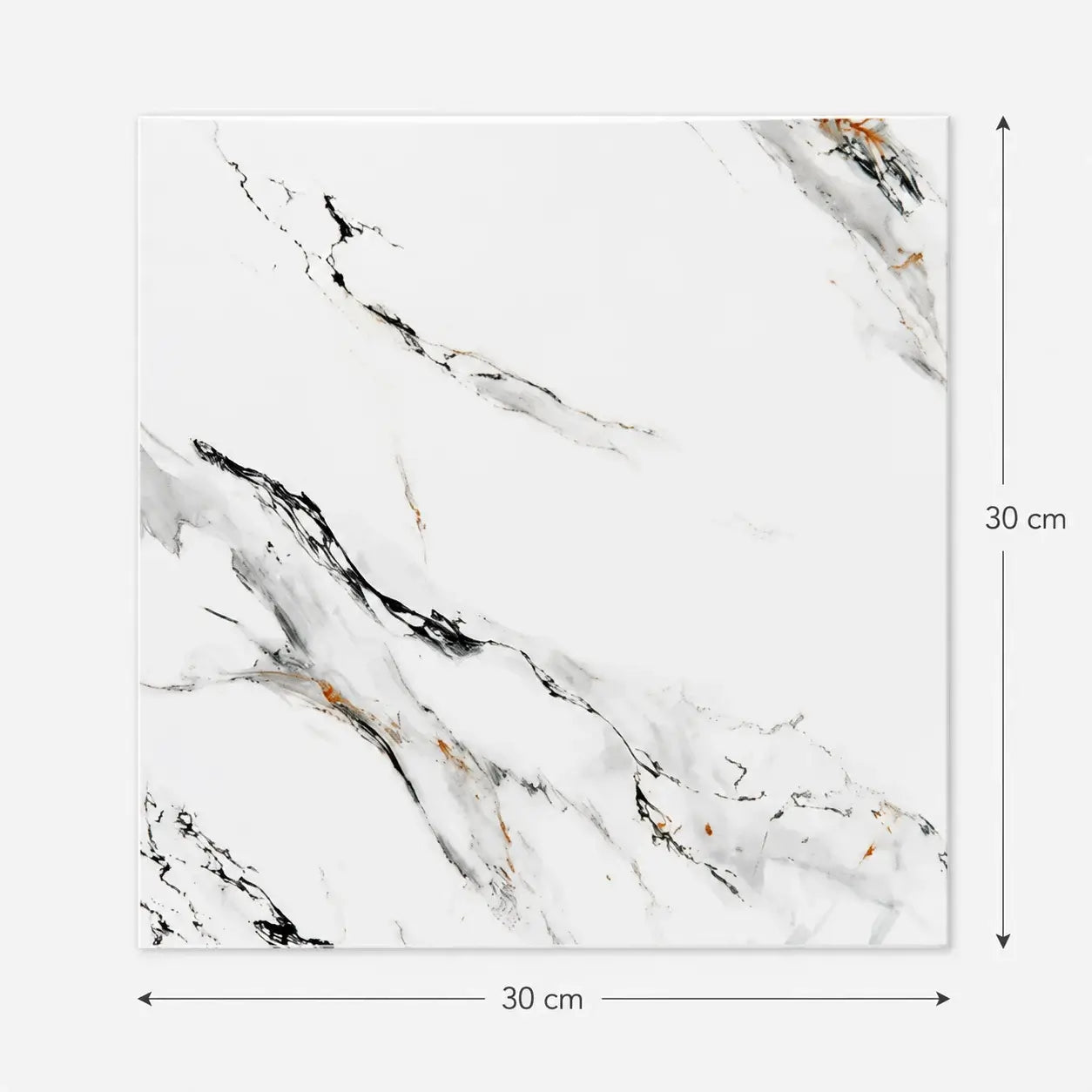 Panneau mural Calys 30 × 30 cm effet marbre blanc avec veines noires, grises et touches cuivrées sur fond blanc