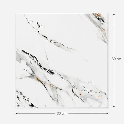 Panneau mural Calys 30 × 30 cm effet marbre blanc avec veines noires, grises et touches cuivrées sur fond blanc