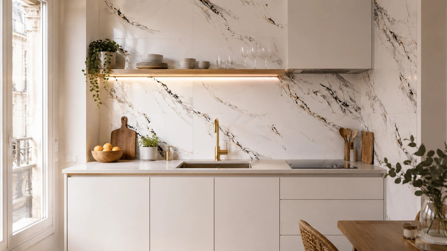 Crédence de cuisine habillée d'un panneau mural effet marbre blanc et gris à veines dorées Maison Murale, robinetterie dorée et étagère en bois