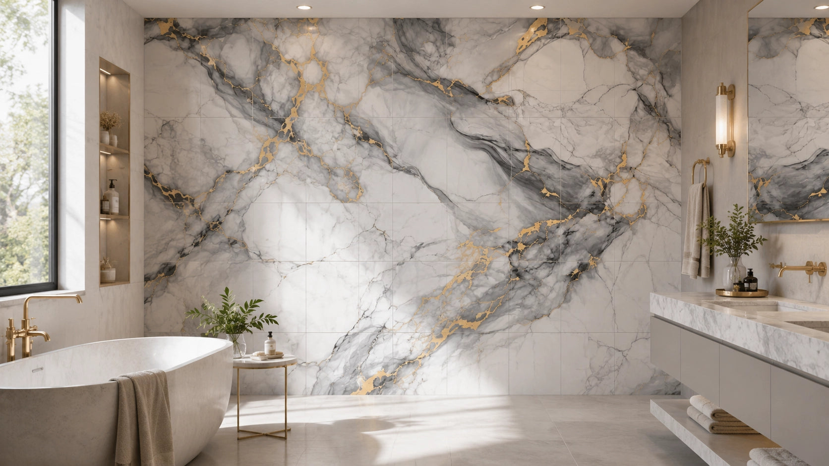 Salle de bain élégante avec mur en panneau mural effet marbre blanc et gris veiné d'or Maison Murale, baignoire îlot et robinetterie dorée