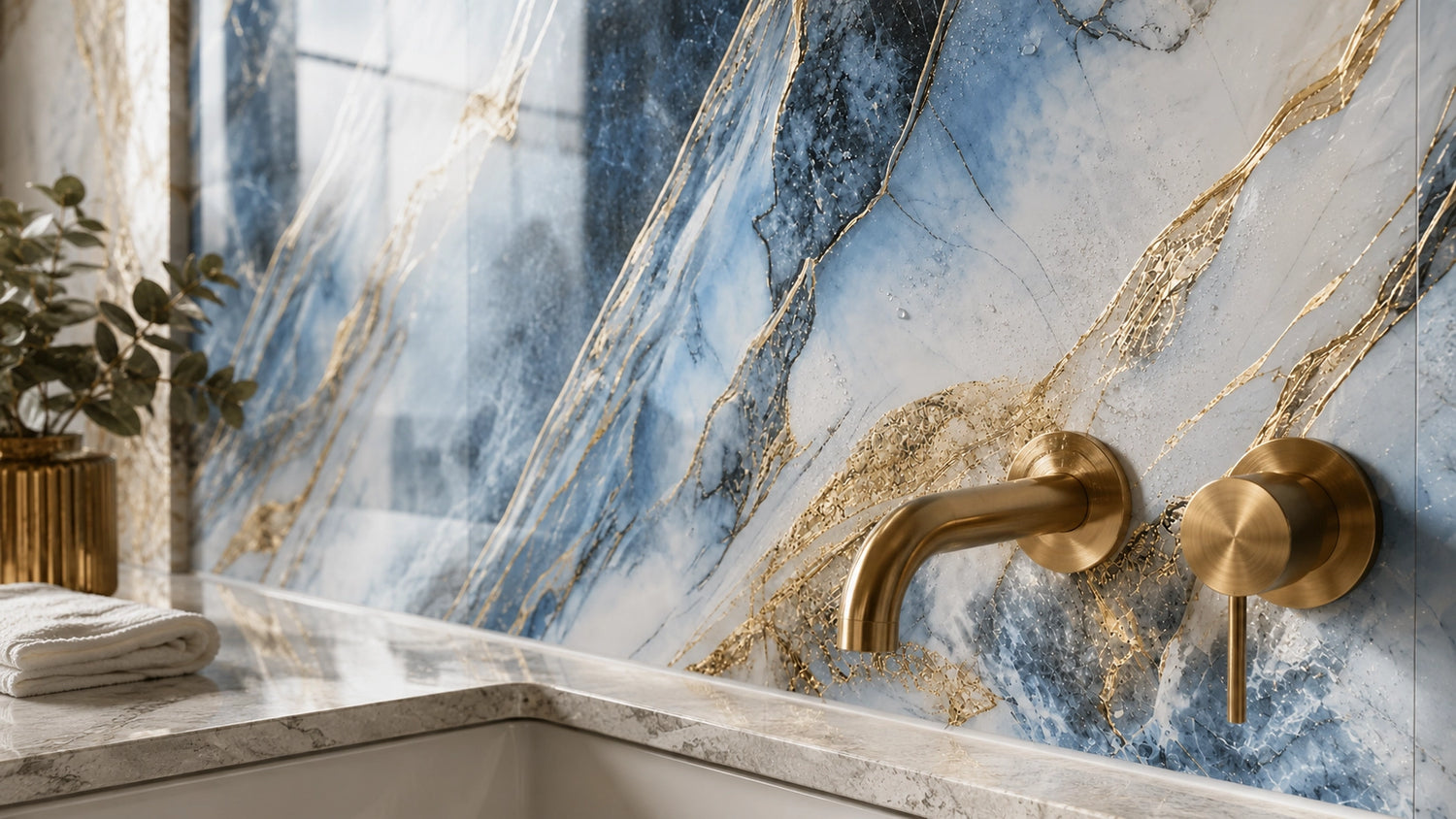 Gros plan sur un panneau mural effet marbre bleu et doré Maison Murale dans une salle de bain, robinet en laiton brossé sur plan en pierre