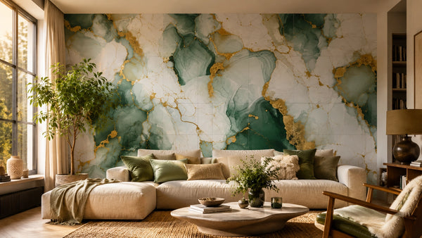 Salon cosy avec mur habillé d'un panneau mural effet marbre vert et doré Maison Murale, canapé beige et plante verte