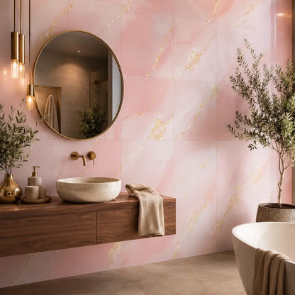 Panneau mural Nacrelys marbre rose poudré veiné d'or 30x30 cm dans une salle de bain 