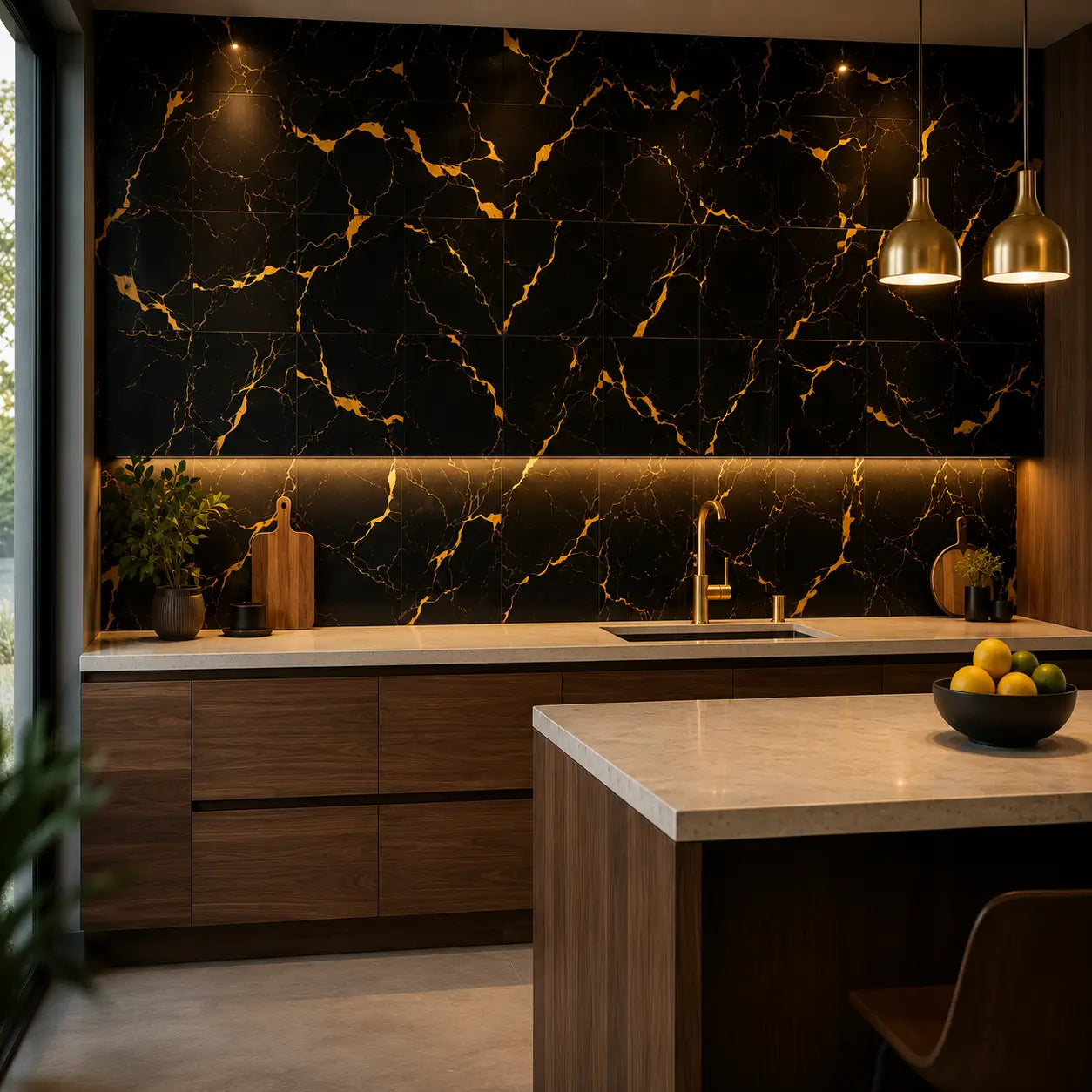 Crédence en panneaux Obsidia marbre noir profond veiné d'or 30x30 cm dans une cuisine moderne en noyer