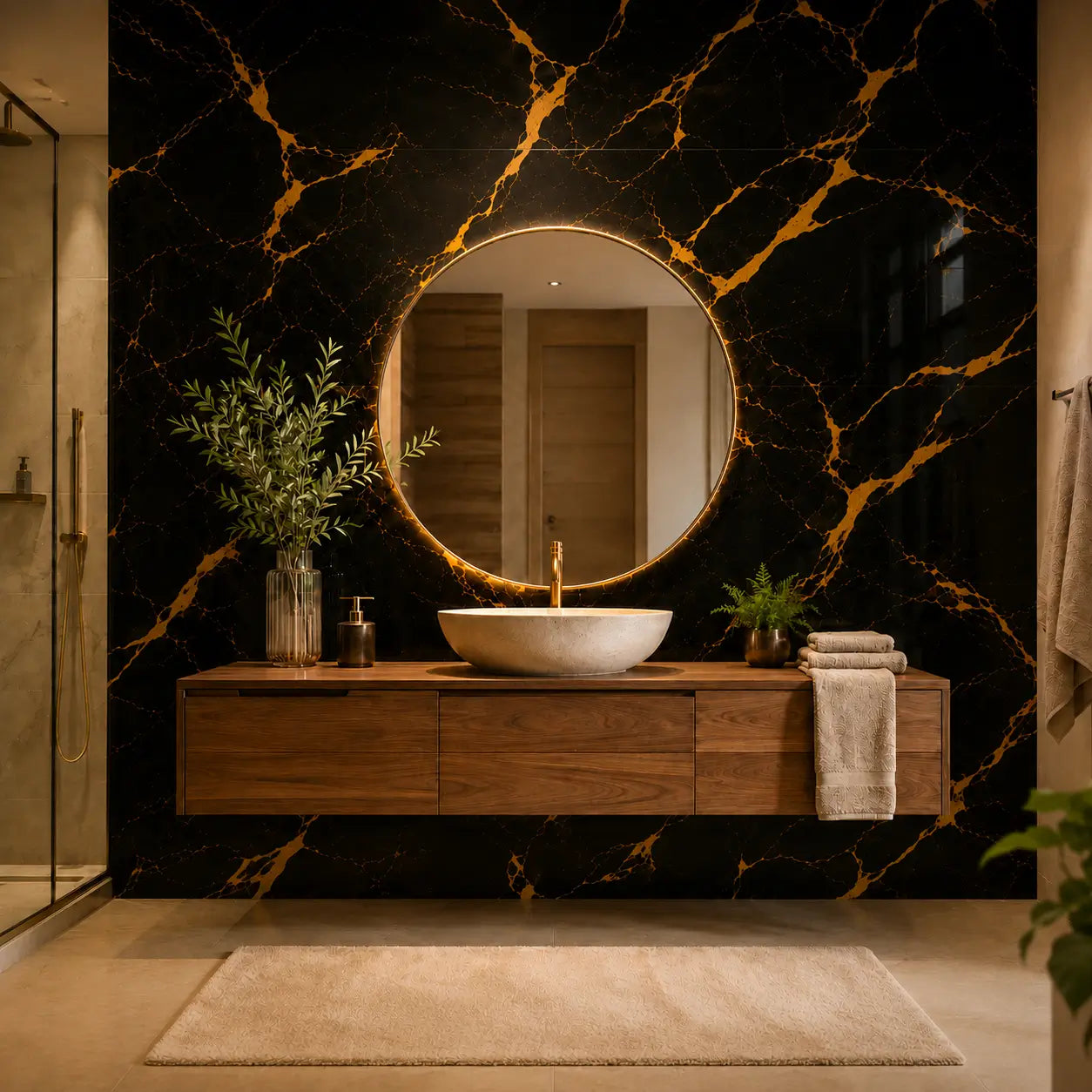 Panneau mural Obsidia marbre noir profond veiné d'or 30x30 cm dans une salle de bain avec miroir rond doré