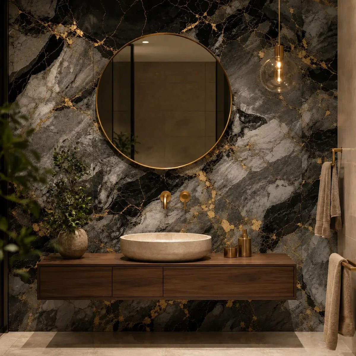 Panneau mural Onyxia marbre noir et anthracite veiné d'or 30x30 cm dans une salle de bain avec miroir rond doré