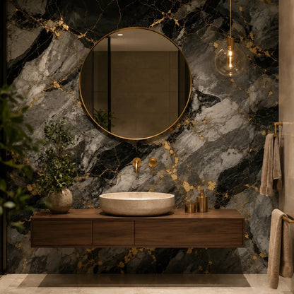 Panneau mural Onyxia marbre noir et anthracite veiné d'or 30x30 cm dans une salle de bain avec miroir rond doré