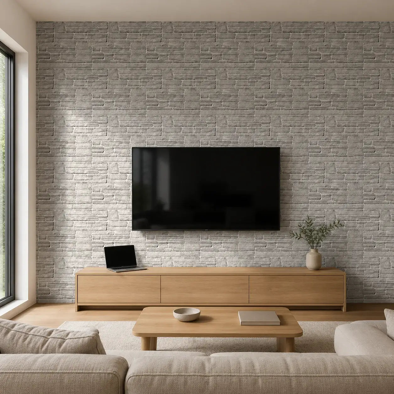 Mur de salon habillé du panneau mural Ardesia effet pierre grise, avec télévision murale, meuble TV en bois clair et décoration minimaliste.