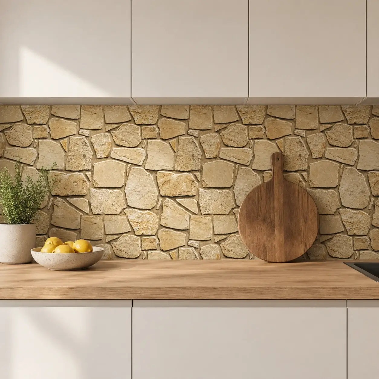 Crédence de cuisine habillée du panneau mural Terrio effet pierre beige, entre des meubles blancs et un plan de travail en bois clair.