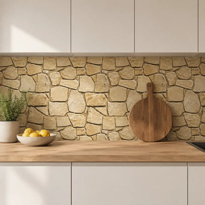 Crédence de cuisine habillée du panneau mural Terrio effet pierre beige, entre des meubles blancs et un plan de travail en bois clair.