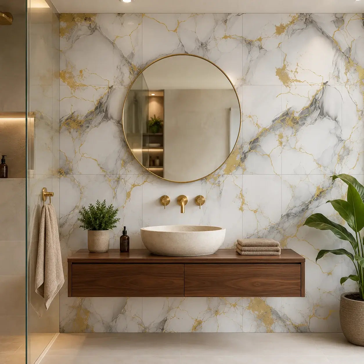Panneau mural Solarys marbre gris anthracite veiné d'or 30x30 cm dans une salle de bain avec miroir doré
