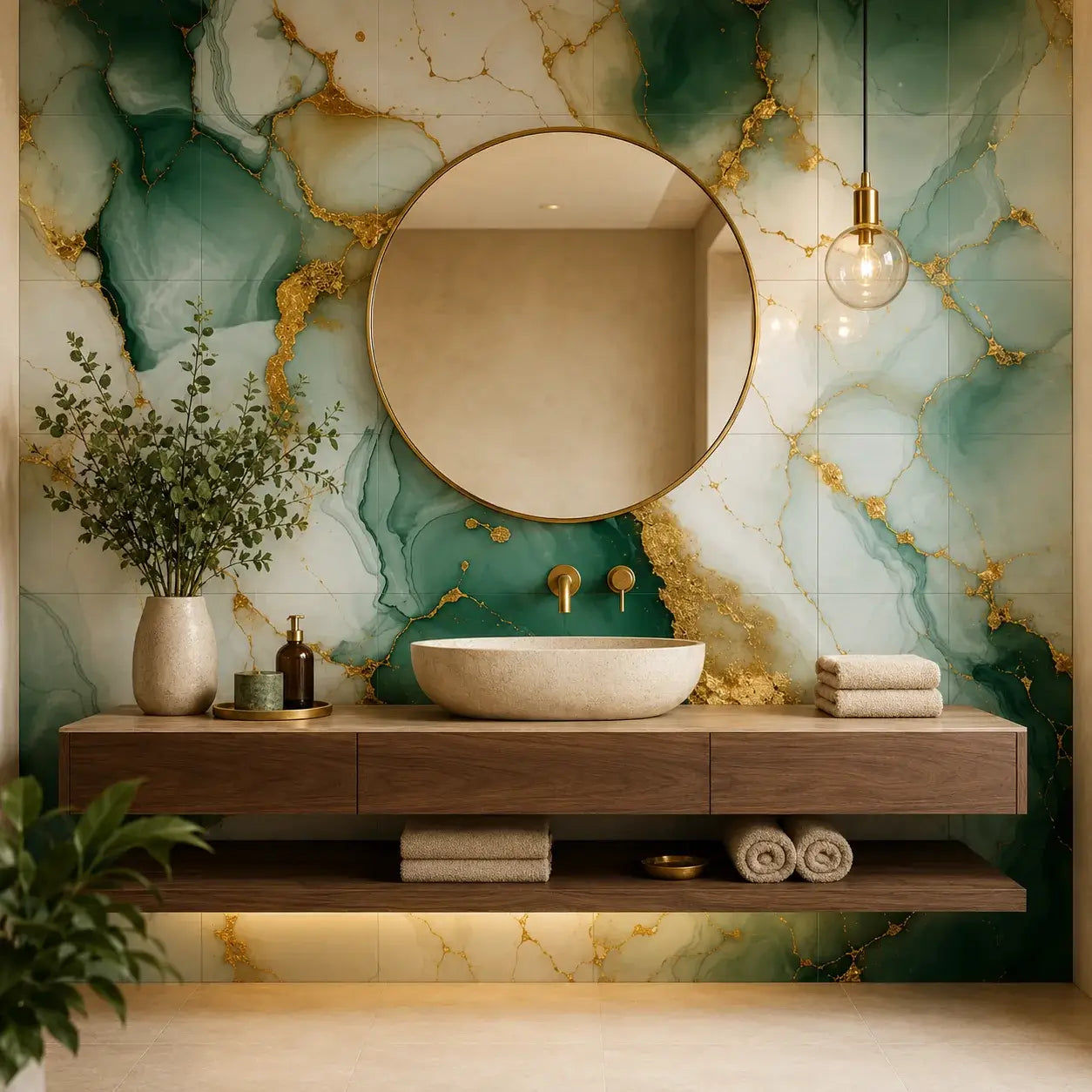 Panneau mural Viridia marbre vert émeraude veiné d'or 30x30 cm dans une salle de bain avec miroir doré